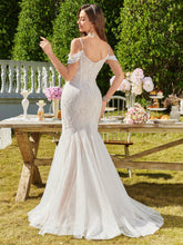 UNITHORSE V-Neck Strappy Lace Floral Print Romantic Lightweight Wedding Dress With Ruffle Mermaid Hem And Waist Cinching